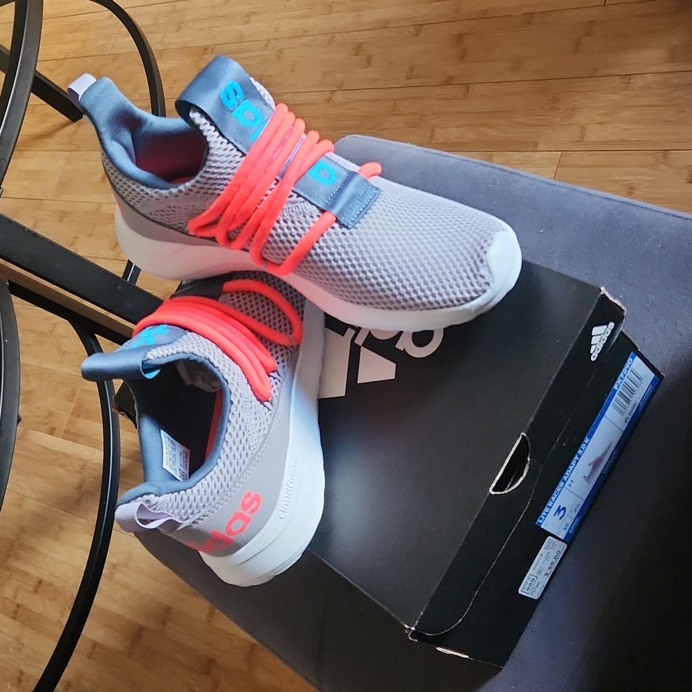 Adidas size 3 gray neon orange and turquoise sneaker